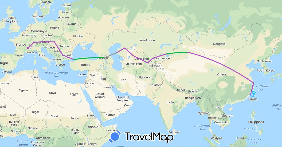 TravelMap itinerary: driving, bus, plane, train, boat in Bulgaria, Switzerland, China, France, Georgia, Hungary, Kazakhstan, Turkey, Taiwan, Uzbekistan (Asia, Europe)